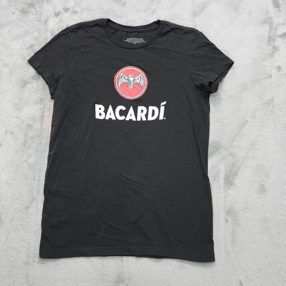 Bacardi Top‎ Womens M Black Crew Neck Short Sleeves Casual Party Rum Bat Logo